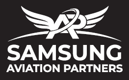 Samsung Aviation Partners white company logo on charcoal background